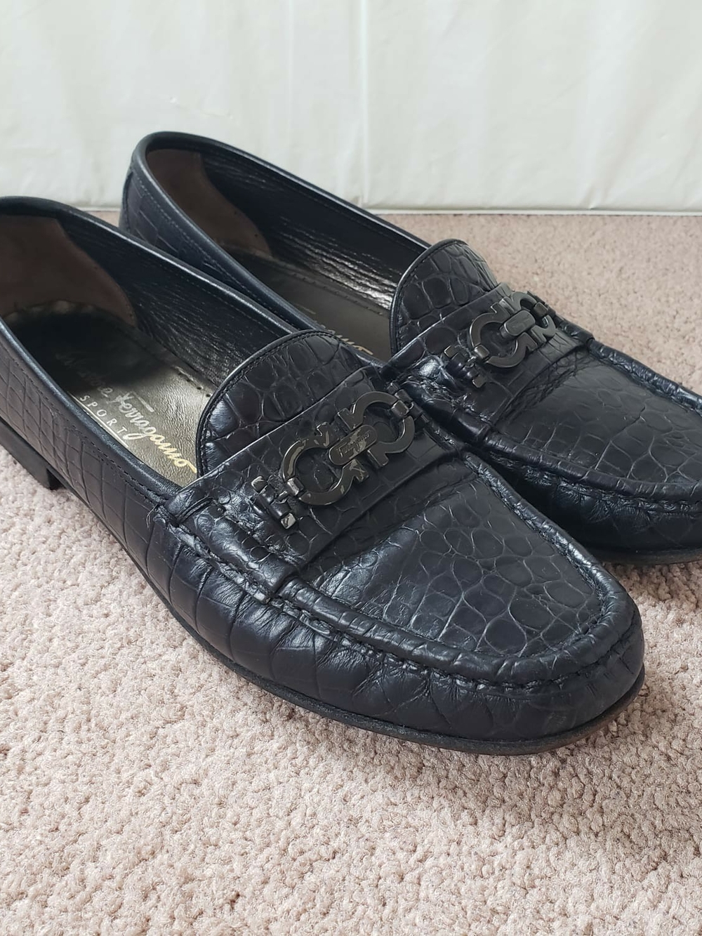 Salvatore Ferragamo Black Croc-Embossed Leather Bit Loafers Gancini  Size 10 B